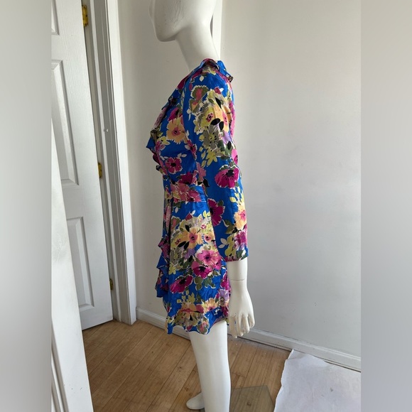 Sezane Asianne Wrap Blue Floral V-neck 3/4 Sleeve Ruffle Mini Dress Size 34 US 2 - Picture 4 of 9